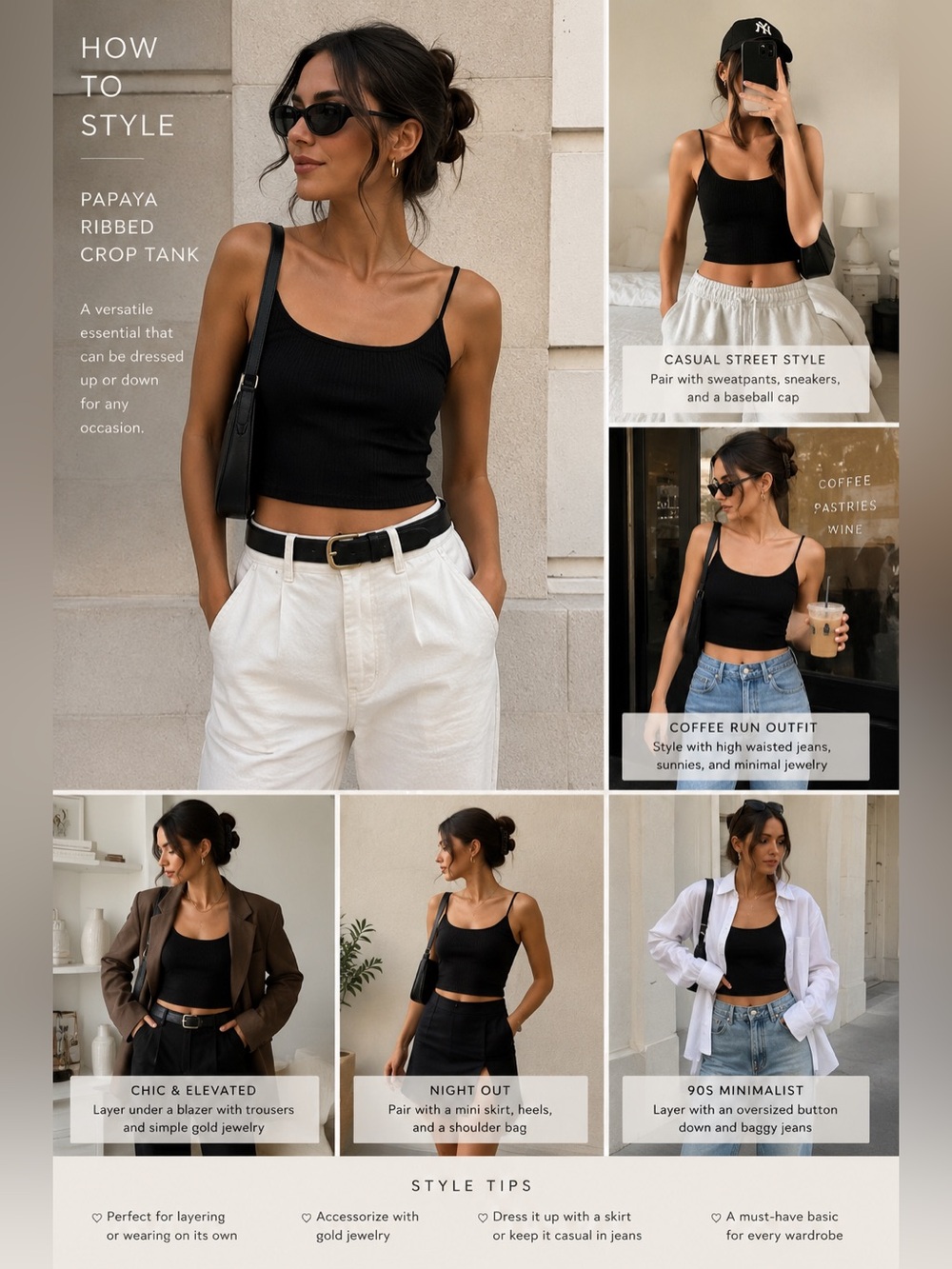 Papaya Black Ribbed Crop Tank Top Y2K Minimalist Cami